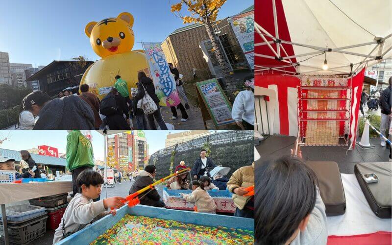 天しばの縁日イベント。射的やメダルすくいなどお祭り屋台が並ぶ