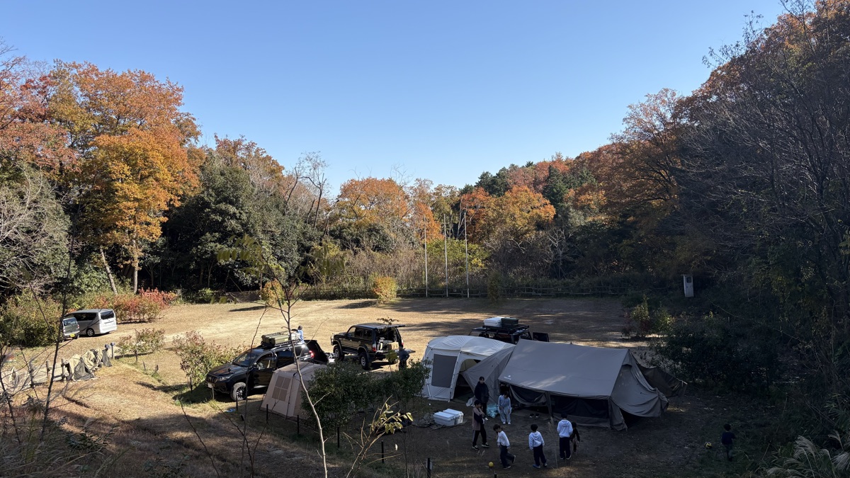 生駒山麓公園キャンプ場のテントサイト全景と紅葉