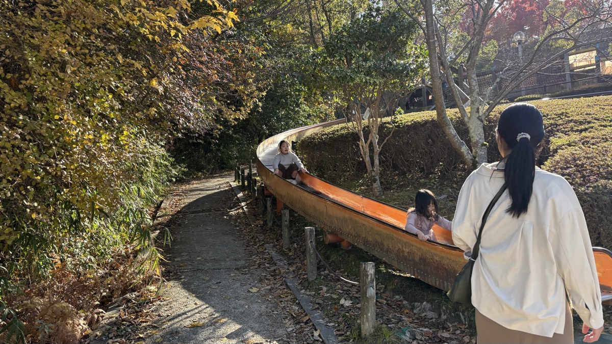 生駒山麓公園フィールドアスレチックのローラー滑り台